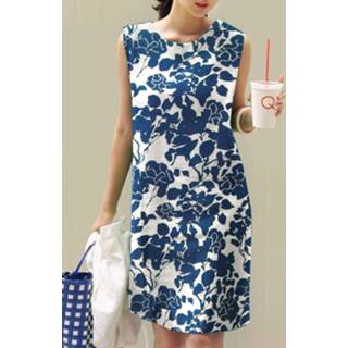 👉 Sleeveless s polyester vrouwen zwart Women Plants Print Crew Neck Dress
