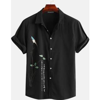 👉 Short sleeve s polyester male zwart Mens Bird Tree Print Lapel Shirt