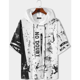 👉 Short sleeve s polyester male wit Mens Letter Ink Print Patchwork Hooded T-Shirts