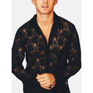 👉 Shirt lange mouw s cotton male zwart Men's Lace See Through Long Sleeve Shirts