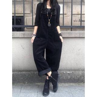 👉 Sleeveless s polyester vrouwen zwart Solid Corduroy Pocket Casual Wide Leg Jumpsuit