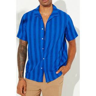 👉 Shirts korte mouw s polyester male marine Mens Striped Pattern Revere Collar Button Front Short Sleeve