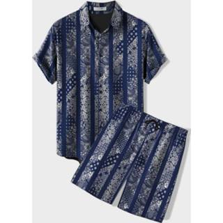 👉 Short sleeve s polyester male blauw Mens Striped Paisley Print Two Pieces Outfit