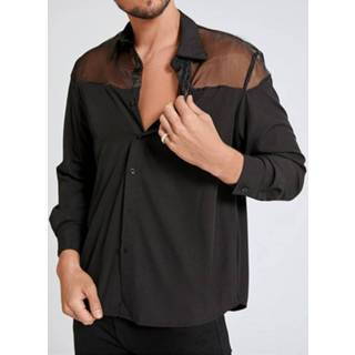 Shirt lange mouw polyester zwart male s Men Sexy Mesh Patchwork Long Sleeve