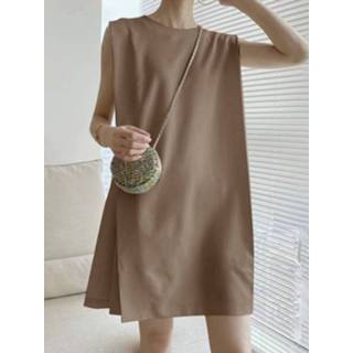 👉 Sleeveless s polyester vrouwen coffee Solid Keyhole Back Crew Neck Casual Dress