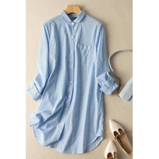 👉 Shirt lange mouw s polyester vrouwen zwart Stripe Pattern Pocket Button Long Sleeve Dress