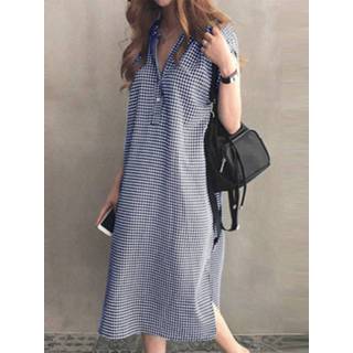 👉 Short sleeve s polyester vrouwen rood Plaid Print Slit Hem V-neck Dress