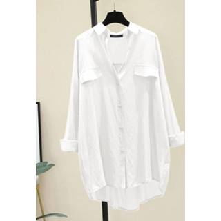 👉 Shirt lange mouw s polyester vrouwen wit Solid High-low Button Front Lapel Long Sleeve