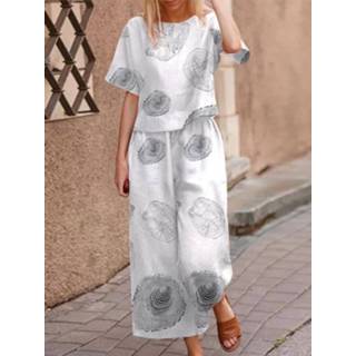 👉 Short sleeve s cotton vrouwen zwart Women Print Wide Leg Two Pieces Suit