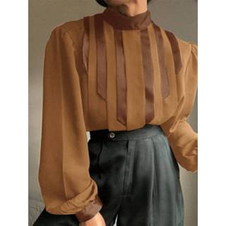 👉 Shirt lange mouw polyester zwart s male Men Pleated High Neck Long Sleeve