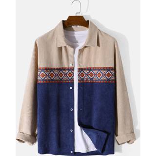 👉 Shirt lange mouw s polyester male apricot Mens Ethnic Geometric Print Patchwork Corduroy Long Sleeve Shirts