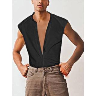 Sleeveless shirt s polyester male zwart Mens Solid Workout Button Down