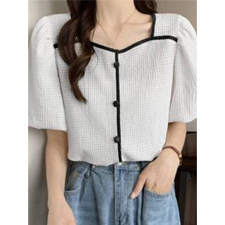 👉 Short sleeve s polyester vrouwen wit Contrast Square Collar Button Decor Blouse