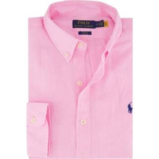 👉 Casual overhemd linnen roze button-down Slim Fit lichtroze effen