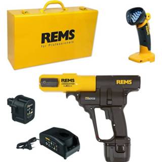 Rems Akku-Press ACC Li-Ion accu radiaalpersmachine&LED-lamp combiset, in koffer 84259 571X02 Rems 571X02 Akku-Press ACC 14,4V Li-Ion accu radiaalpersmachine&LED-lamp combiset (2x 3.2Ah accu) in koffer 4039976112789