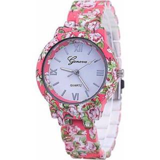 👉 Horloge roze rose vrouwen Geneva Platinum Flower Print Pink