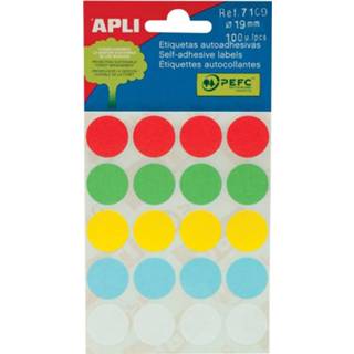 Apli ronde etiketten in etui diameter 19 mm, geassorteerde kleuren, 100 stuks, 20 per blad (7109)