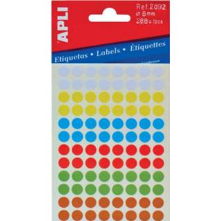 👉 Apli ronde etiketten in etui diameter 8 mm, geassorteerde kleuren, 288 stuks, 96 per blad (2092)