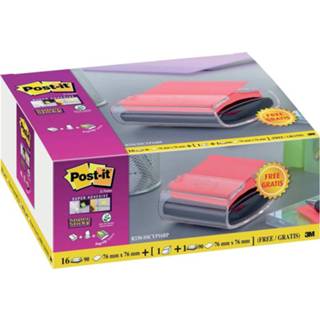 👉 Post-it Super Sticky z-notes, ft 76 x 76 mm, pak van 16 blokken geel, GRATIS dispenser en 1 blokje roze
