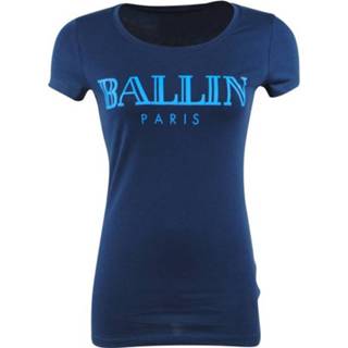 👉 Shirt korte mouw Effen met Contrast vrouwen marine elastan Ballin Paris - Dames T-Shirt Ronde Hals Navy