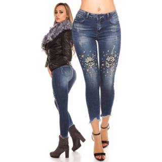 👉 Skinnyjeans katoen vrouwen blauw Sexy 7/8 skinny Jeans used Look with studs & skull Jeansblue