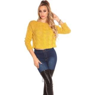 👉 Sweater vrouwen mosterd Trendy KouCla Crop plait pattern Mustard