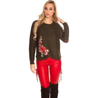👉 Kaki vrouwen Trendy KouCla knit jumper with embroidery Khaki