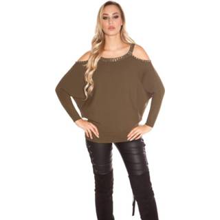 👉 Trendy KouCla Coldshoulder Sweater with rivets Khaki