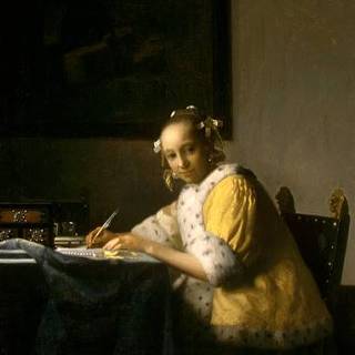👉 Kunstkaart 'Schrijvende vrouw in het geel'