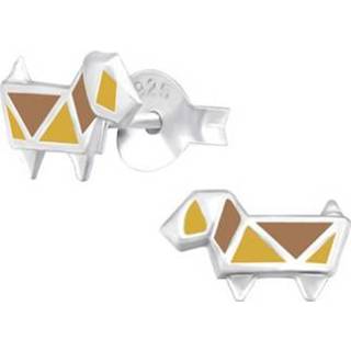 Zilveren Abstracte Hond Oorbellen met Gele en Bruine Emaille