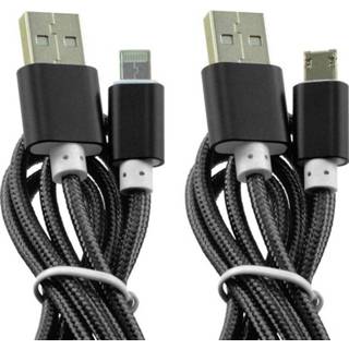 👉 USB kabel voor Apple en microUSB kabel in één connector - Nylon gevlochten - Zwart