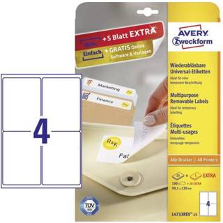 👉 Etiket wit Avery-Zweckform Universele etiketten L4733REV-25 ( ),Wit, Rechthoek, Afgeronde hoeken, 120 stuks, Weer verwijderbaar 4004182047330