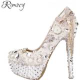 👉 Shoe wit vrouwen Rimocy custom crystal wedding shoes women white rhinestone and pearls bowtie super high heels platform pumps woman sexy