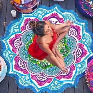 👉 Kwast zand Microfiber Colorful Printed Tassel Lotus Summer Bath Towel Sand Beach Shawl Scarf Size: 150 x 150cm(Blue+Magenta) 6922914623417