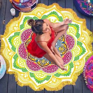 👉 Kwast zand Microfiber Colorful Printed Tassel Lotus Summer Bath Towel Sand Beach Shawl Scarf Size: 150 x 150cm(Yellow+Green) 6922015843295