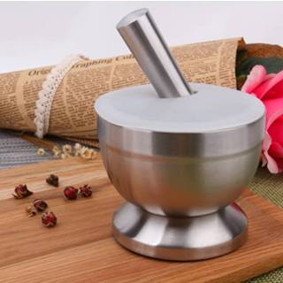 👉 Mortel steel RVS large Kitchen Stainless Garlic Food Mortar met Cover Afmeting: 6922973541790