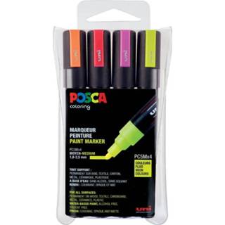👉 Etui Posca paintmarker PC-5M, met 4 stuks in geassorteerde fluo kleuren 3296280033433