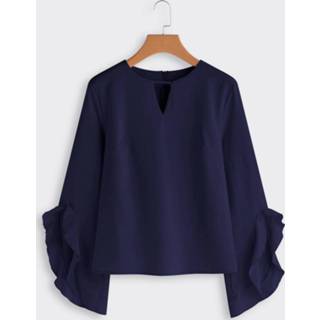 👉 Shirt polyester s|m|l|xl One Size vrouwen marine Navy Cut Out Plain Crew Neck Flared Long Sleeves Blouses