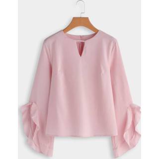 👉 Shirt roze polyester s|m|l|xl One Size vrouwen Light Pink Cut Out Plain Crew Neck Flared Long Sleeves Blouses