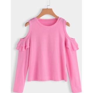 Shirt roze polyester s|m|l|xl vrouwen Pink Flounced Details Plain Round Neck Long Sleeves T-shirts