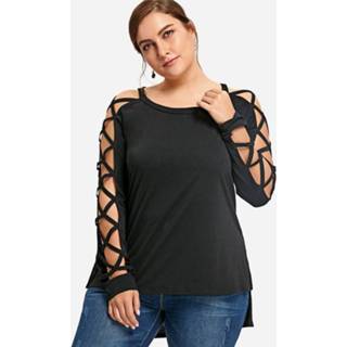 👉 Shirt zwart cotton xl|xxl|3xl|4xl|5xl vrouwen Plus Size Black Criss-cross Cut Out Sleeves Blouse