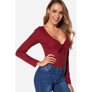 👉 Shirt polyester s|m|l|xl vrouwen burgundy Backless Design Plain Deep V Neck Long Sleeves Bodysuits
