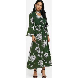 👉 Shirt donkergroen polyester m|l|xl vrouwen Green Choker Neck Bell Sleeves Self Tie Waist Floral Maxi Dress