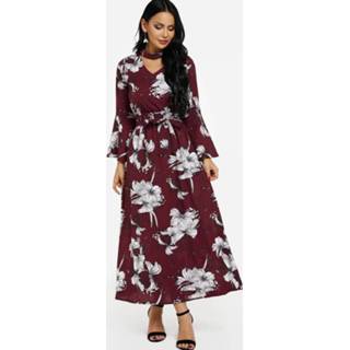 👉 Shirt polyester m|l|xl vrouwen burgundy Choker Neck Bell Sleeves Self Tie Waist Floral Maxi Dress