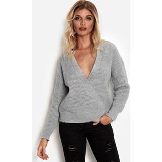 👉 Shirt grijs polyamide s|m|l|xl vrouwen Grey Crossed Front Design V-neck Long Sleeves Knitted Sweater