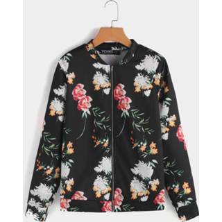 👉 Shirt other One Size vrouwen s|m|l|xl|xxl zwart Black Zip Design Random Floral Print Long Sleeves Jackets