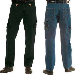 👉 Jeans werkbroek met lederen driehoeken zwart, maat 28 (kort)