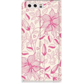 👉 Standcase roze Huawei P10 Plus Uniek Hoesje Pink Flowers 8718894366783