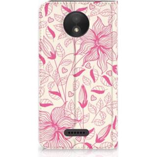 👉 Standcase roze Motorola Moto C Plus Uniek Hoesje Pink Flowers 8718894727713