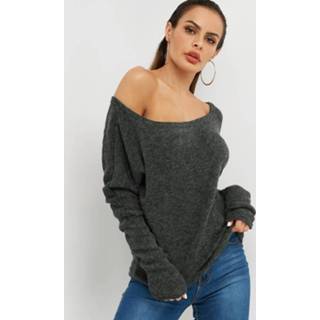 Shirt cotton vrouwen s|m|l|xl grijs One Size Dark Grey Plain Asymmetrical Shoulder Design Long Sleeves Sweaters